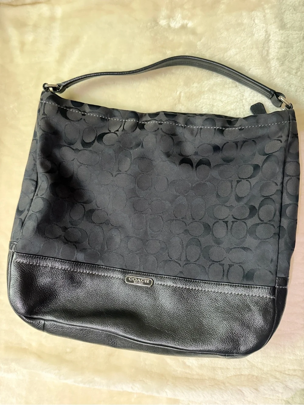Coach Black Signature Shoulder Bag with Leather Trim